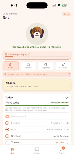 Trypup home screen: Rex the dog, challenge day 4 of 30 and the list of daily tasks